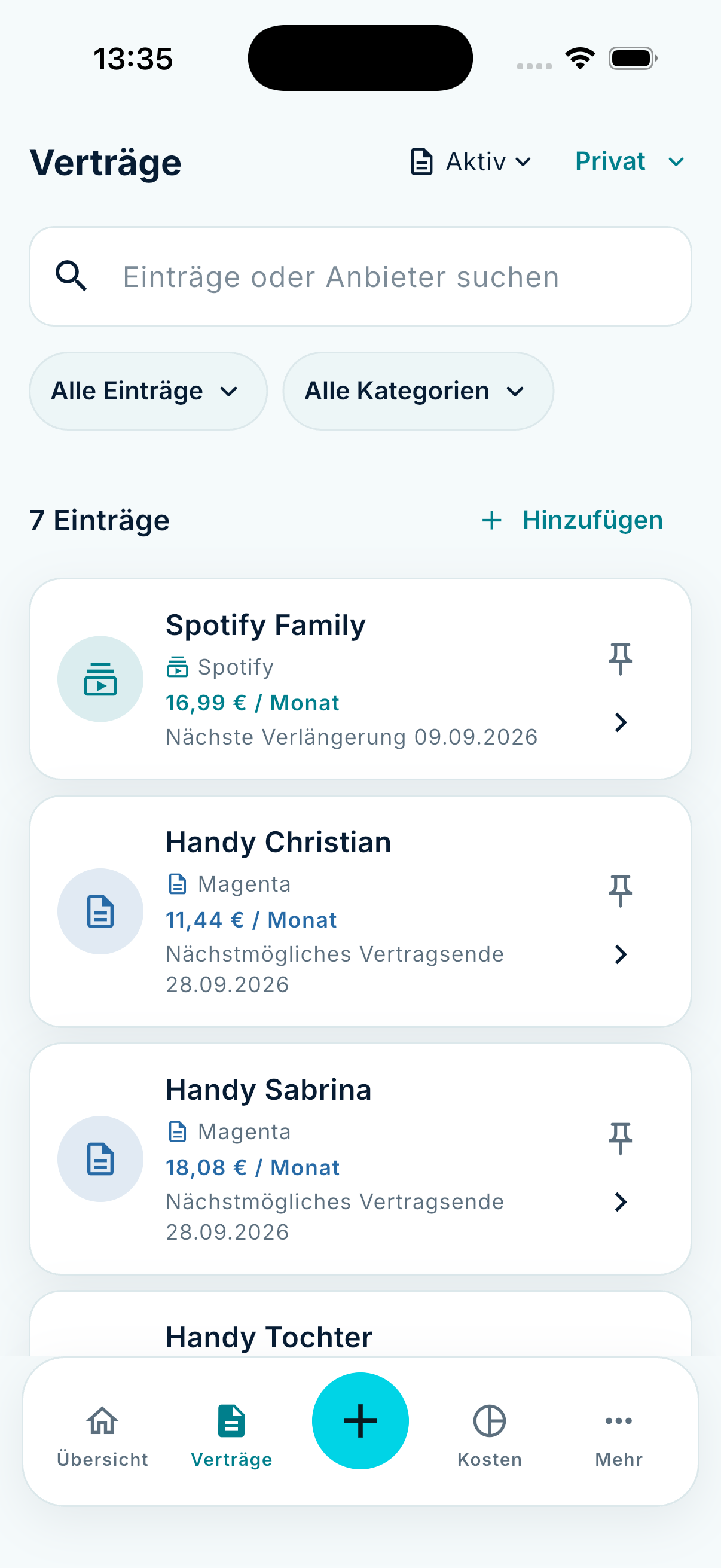 CLEXIT-Vertragsübersicht mit Abos, Verträgen, Kosten und nächsten Terminen.