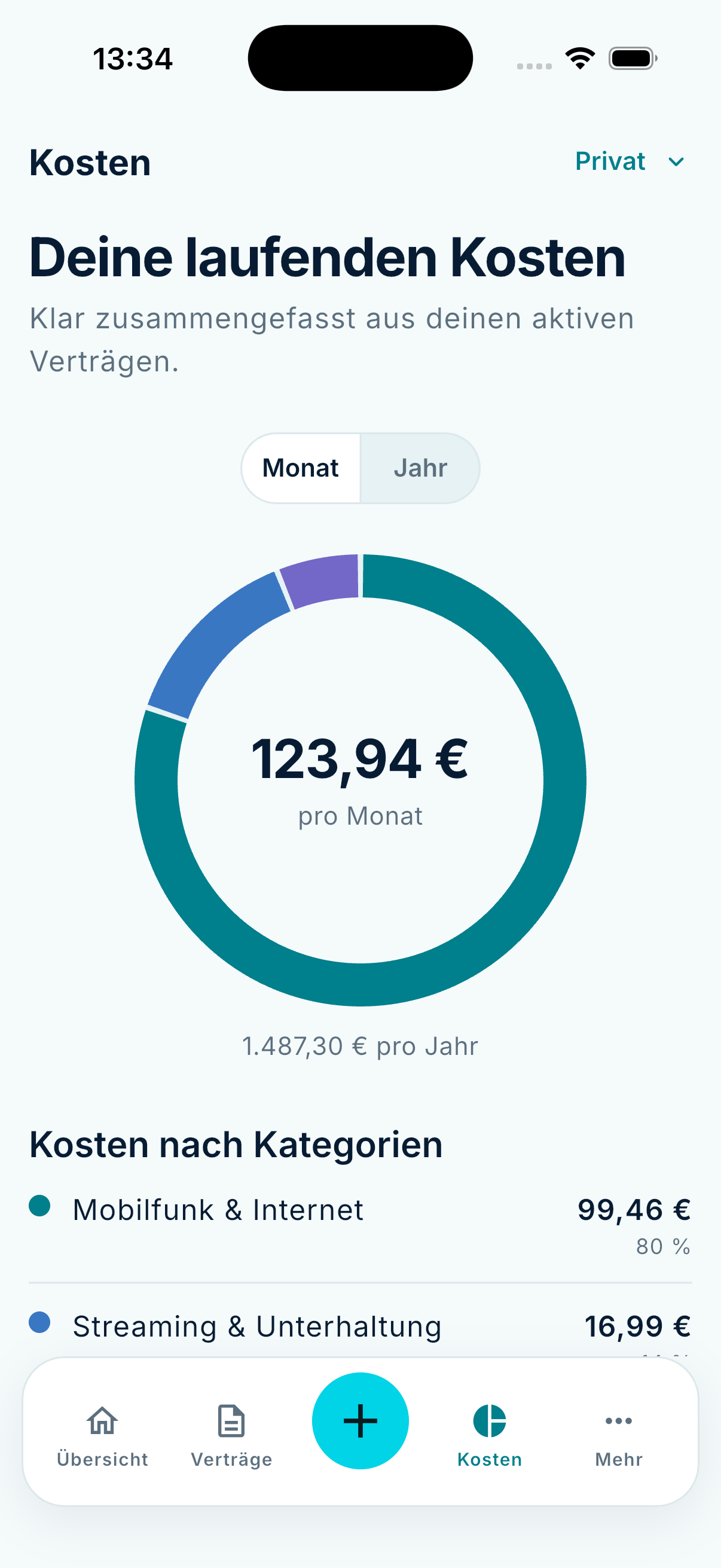 Echte CLEXIT-Kostenansicht mit Monats- und Jahressumme sowie Kostenkategorien.