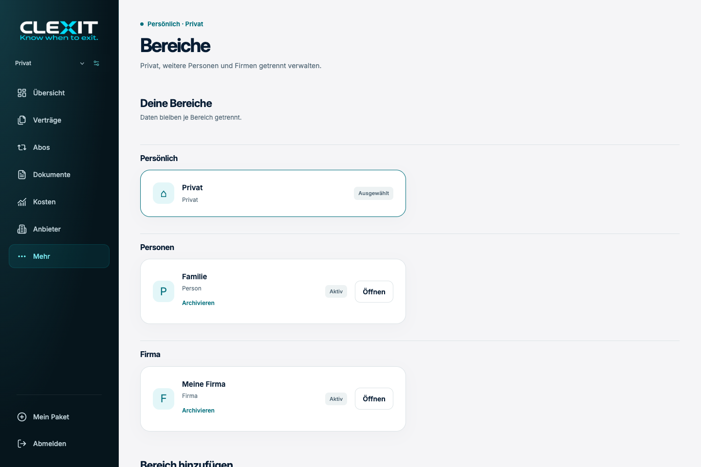 Webapp-Bereichsauswahl mit persönlichen, Personen- und Firmenbereichen.