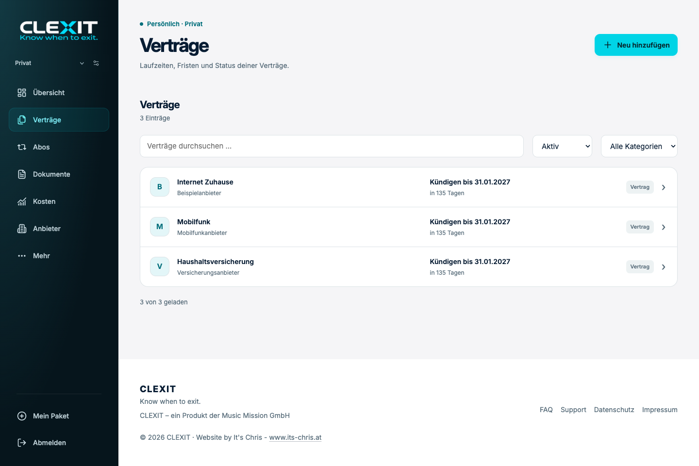 Webapp-Vertragsliste mit Suche, Filtern und nächsten Terminen.