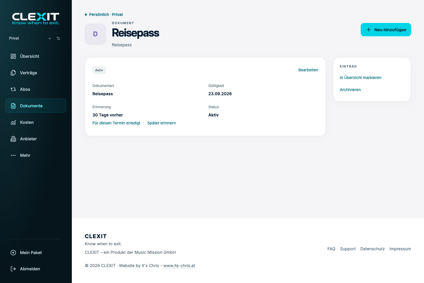 Webapp-Detailansicht eines Reisepasses mit Gültigkeit und Erinnerung.