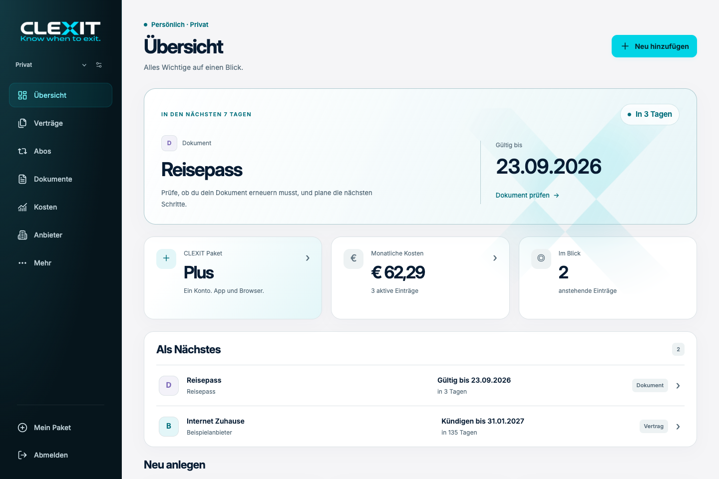 CLEXIT-Webapp am Laptop: Übersicht mit nächstem Termin, monatlichen Kosten und Navigation für Verträge, Abos und Dokumente.