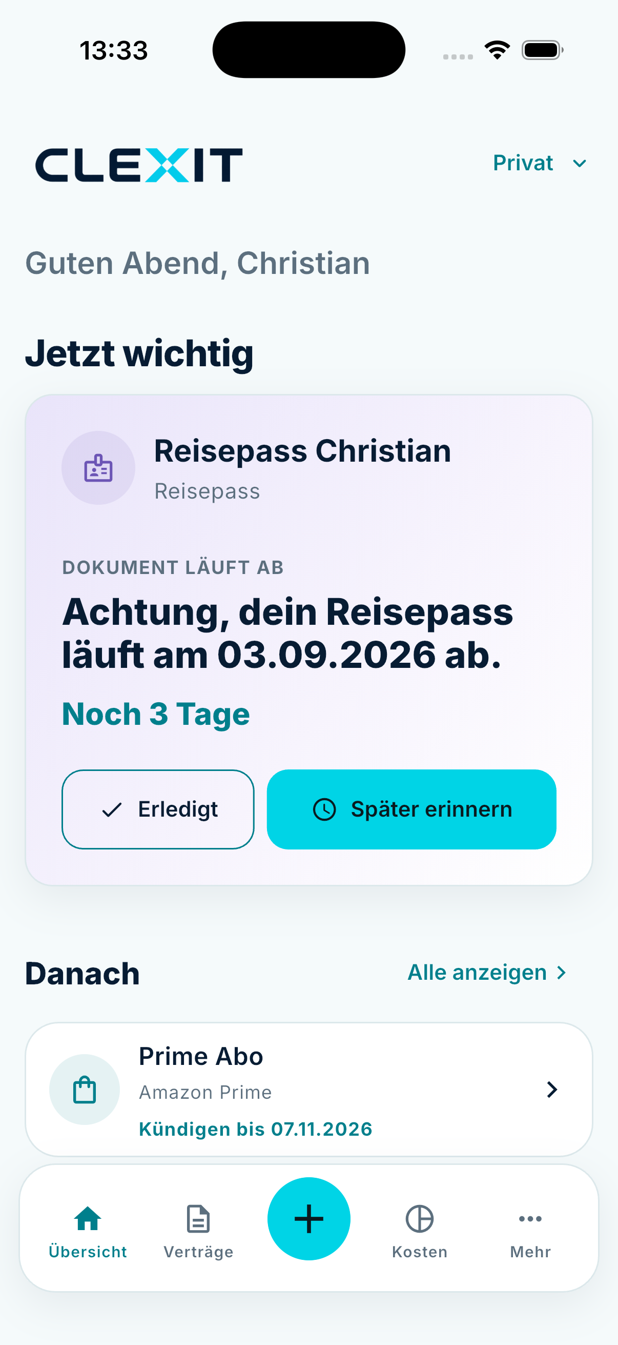 Echte CLEXIT-Übersicht mit einem rechtzeitig hervorgehobenen Dokumenttermin.