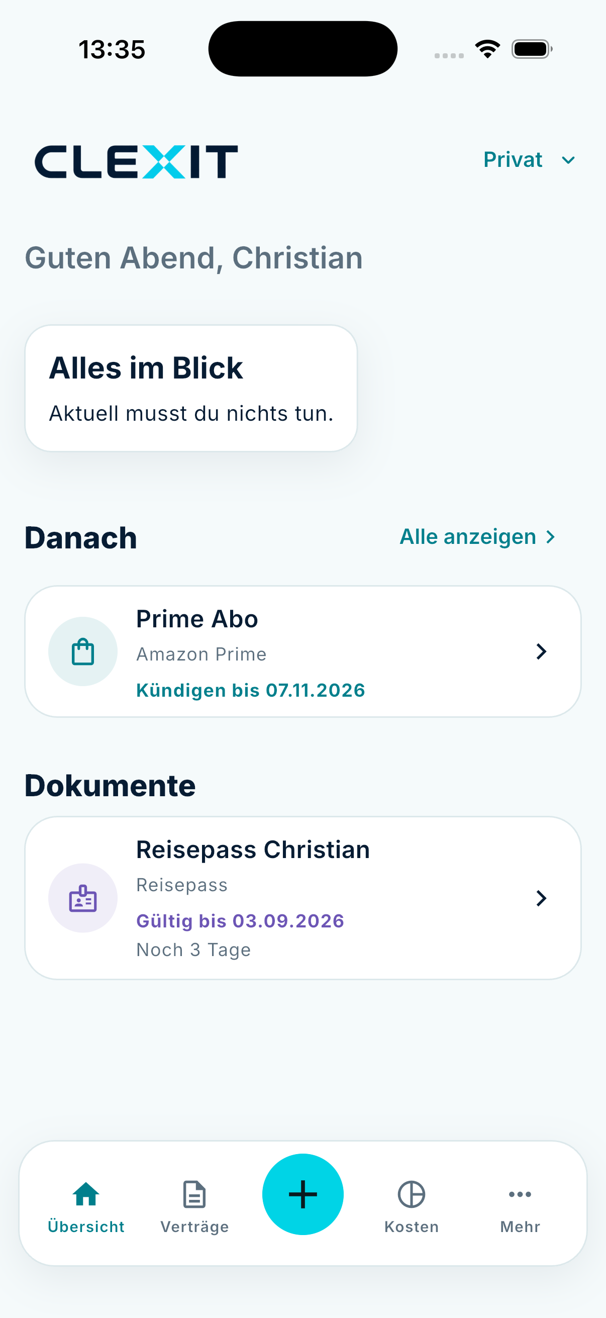 CLEXIT-Übersicht mit einem ruhigen Status, einem nächsten Vertragstermin und einem Dokument.
