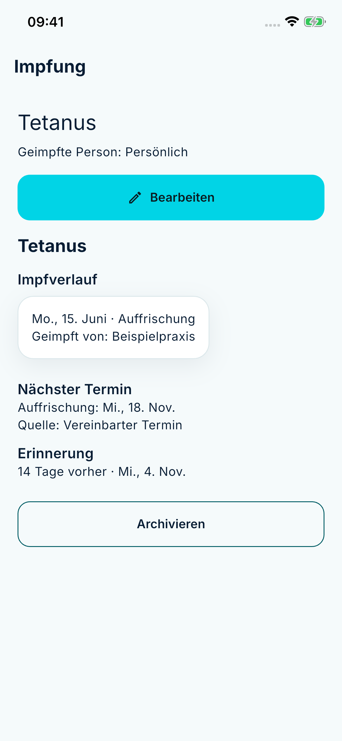 CLEXIT-Impfungsansicht mit erhaltener Dosis, Impfstelle, nächstem Termin und Erinnerung.
